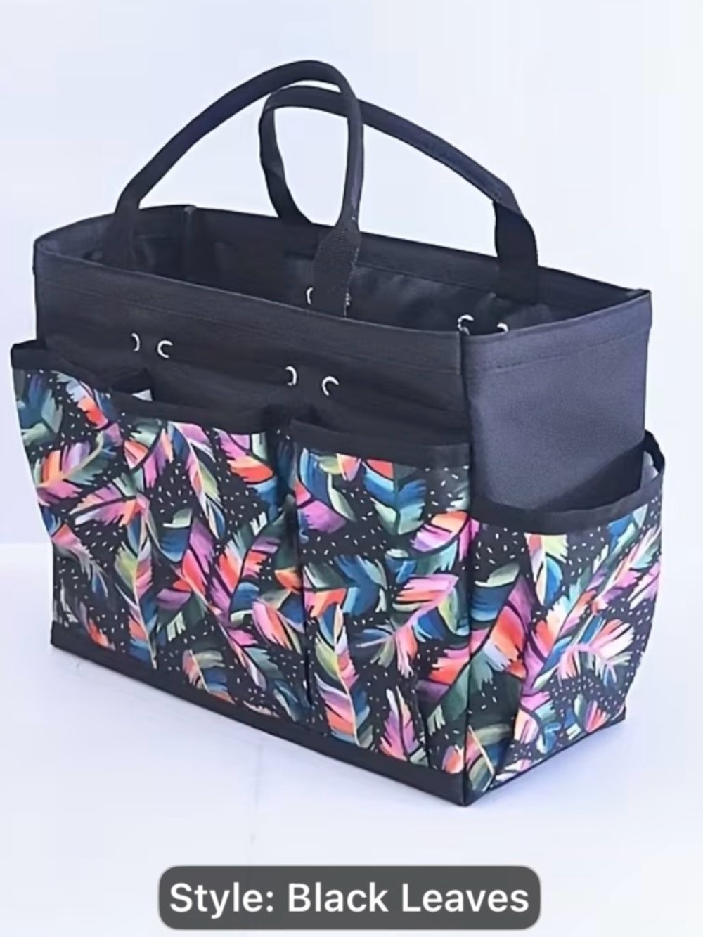 Black Tote Bag with Multicolor Feather Print Multipurpose